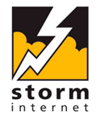 White lightening bolt through black orange Storm Internet logo 