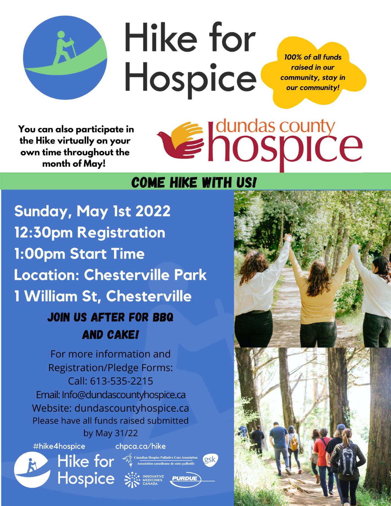 Blue and green hike for hospice information poster