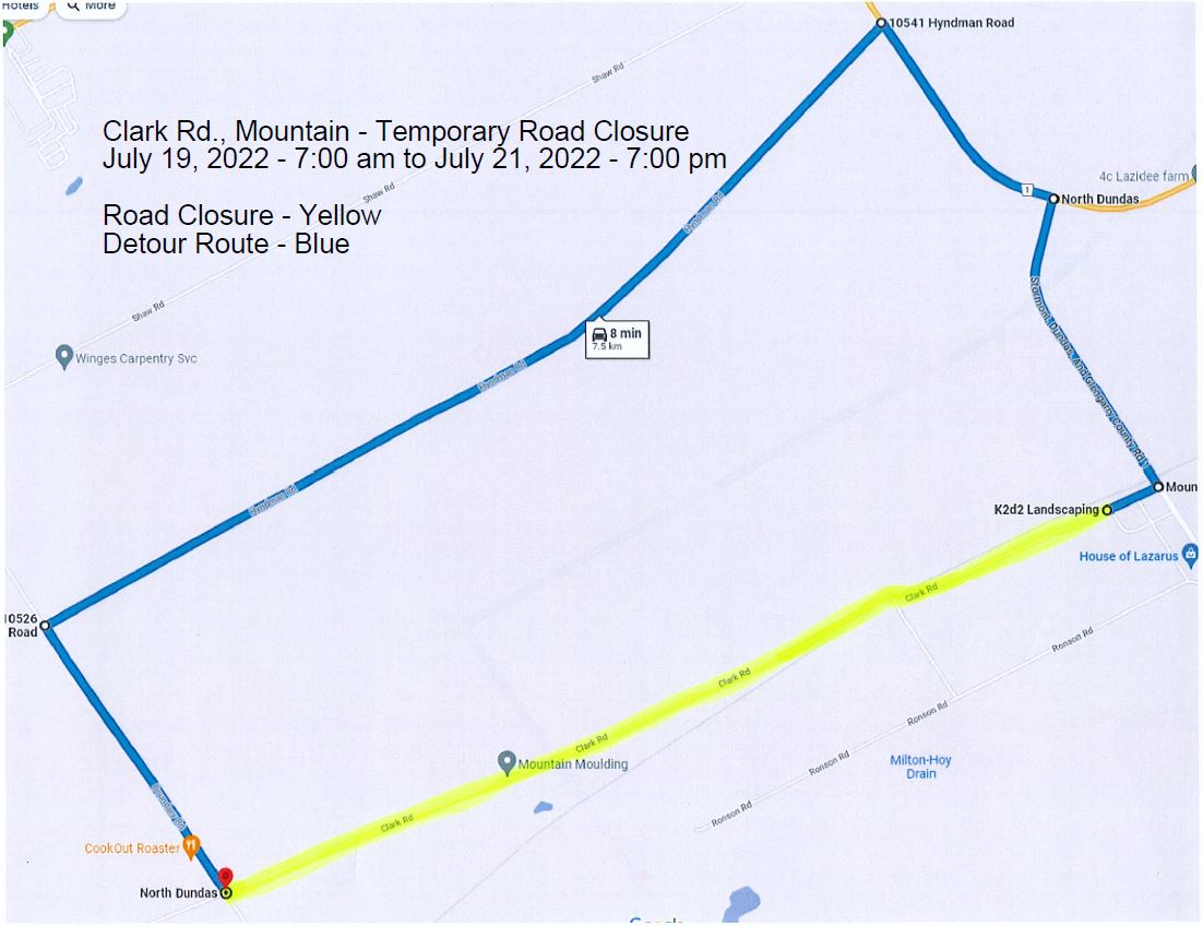 Road Closure Map showing the detour around Clark Road in Mountain