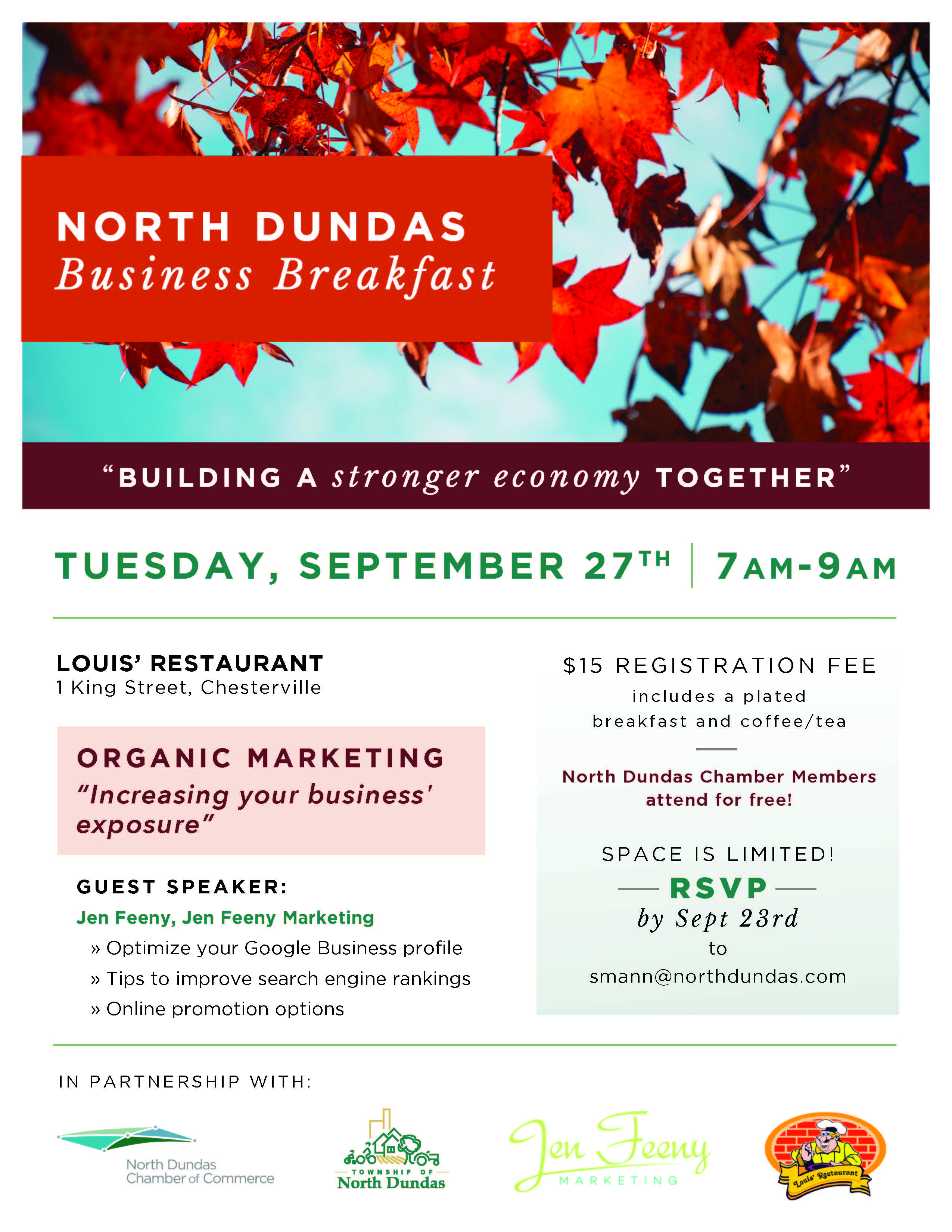 North Dundas Business Breakfast poster with leaves and text