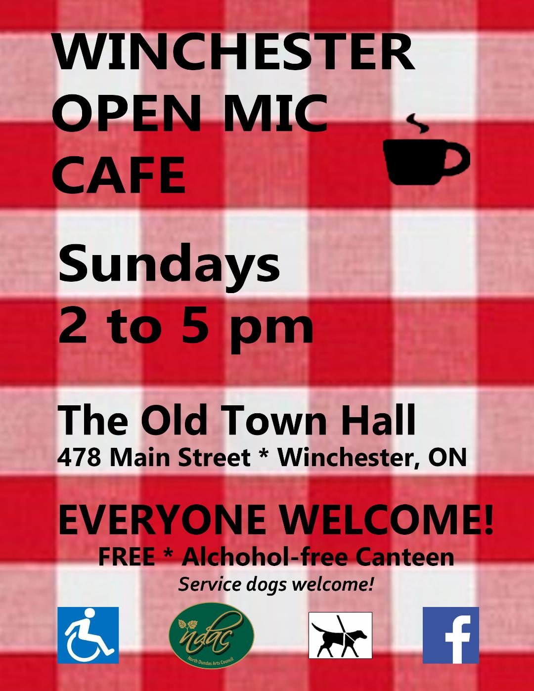 Open Mic Night Black text poster with red/white checkered background