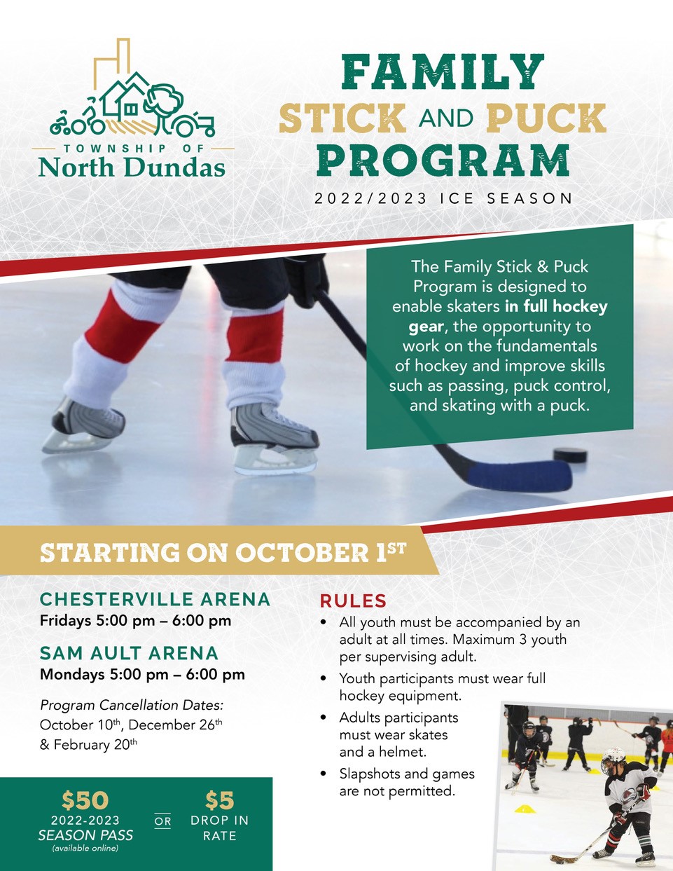 Stick Puck 2022-2023 Poster with green and gold text and image of hockey player