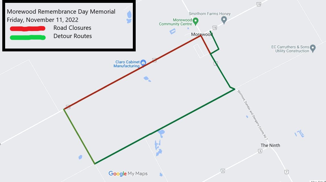 Morewood Remembrance Day Road Closures Map w Legend