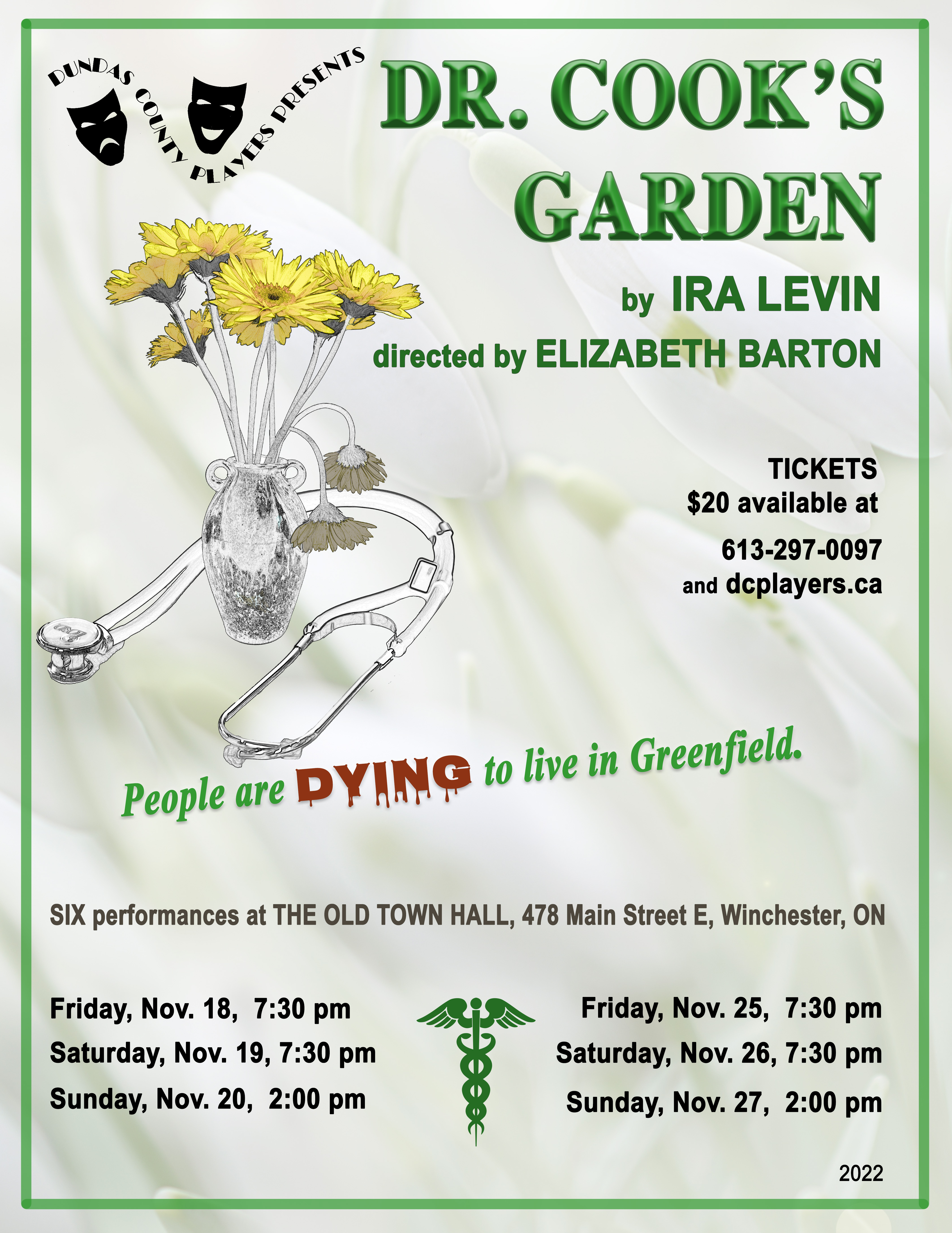 Dr. Cook's Garden Play poster with details and a vase with yellow flowers