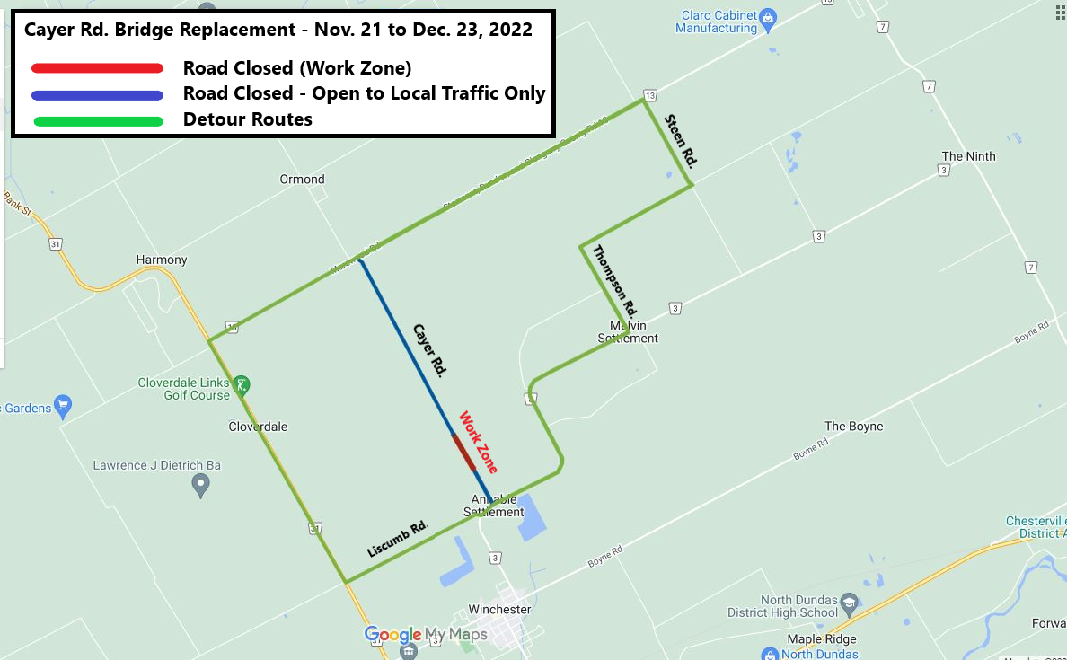 Cayer Road Closure Map with red, green and blue markings