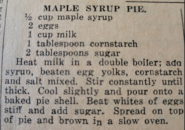 Maple Pie Recipe Newspaper Clipping