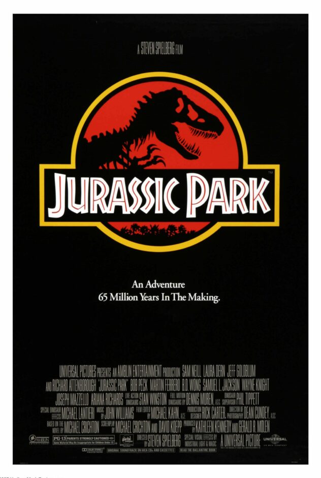 Jurassic Park black and red movie poster