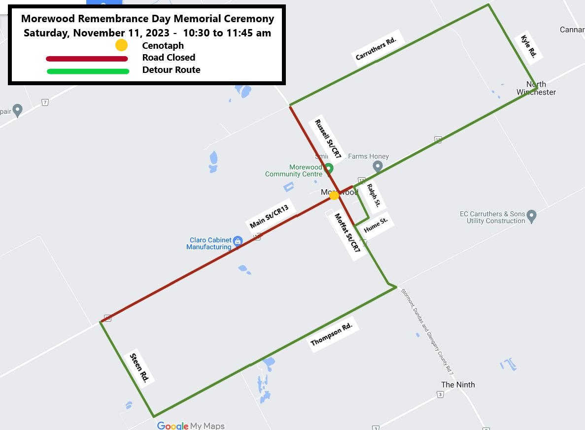 Map showing road closure route