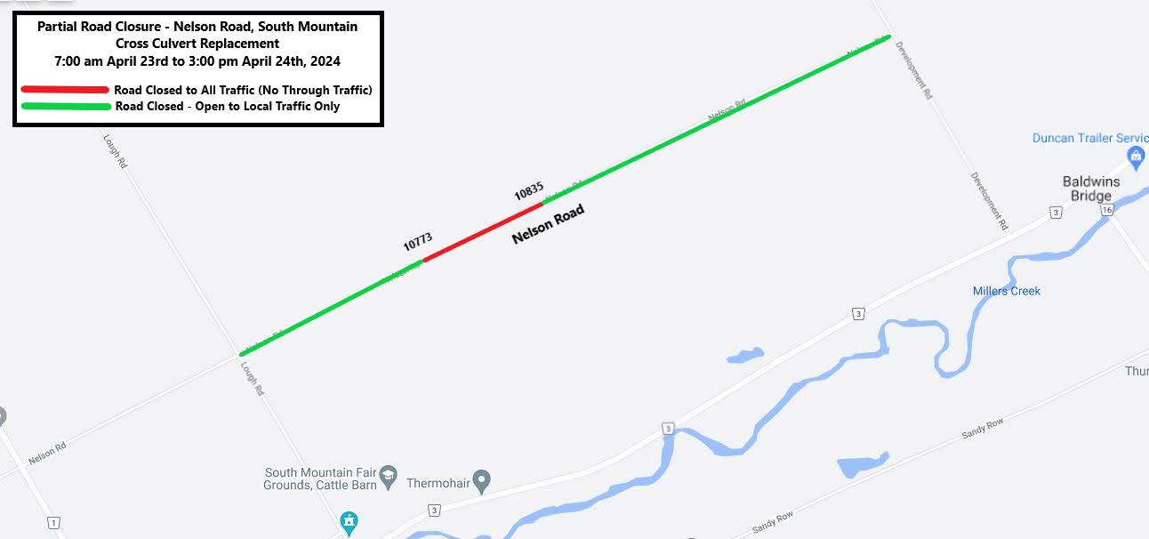 Road Closure Map for Nelson Road in South Mountain