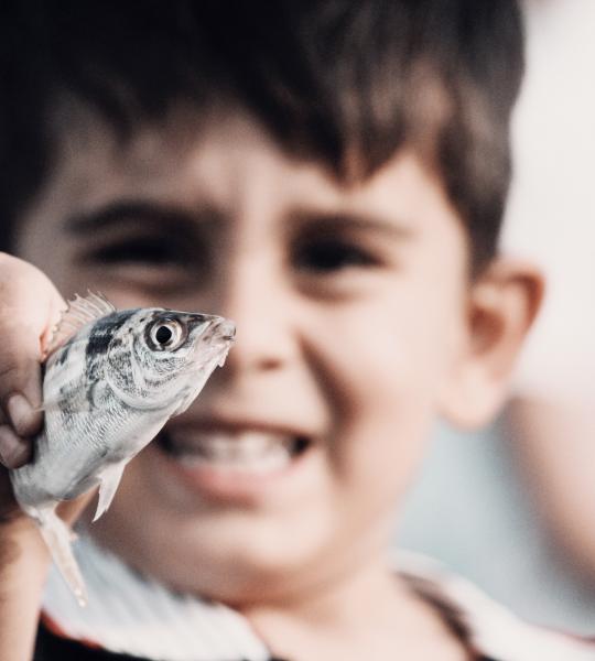 Child holding small silver fish