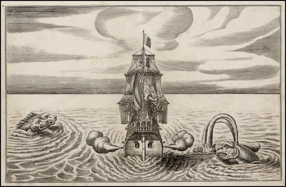 black and white image of sea monsters