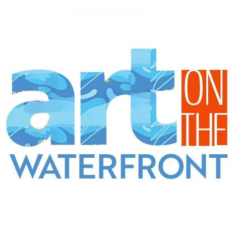 blue and red art on the waterfront logo