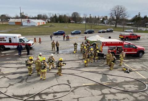 Aerial image of fire training in Chesterville Arena Parking Lot