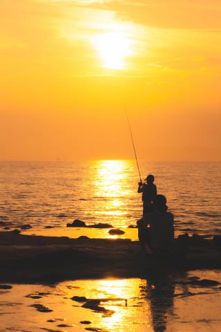 fishing with yellow sunset
