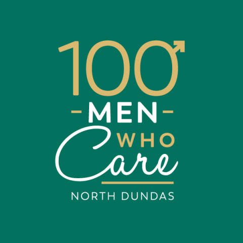 100 Men Who Care Logo with gold lettering and green background