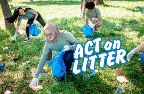 picking up litter in a park