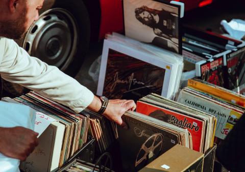 garage sale records in a box