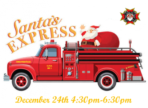 red cartoon fire truck with santa in the back